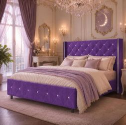 Full Bed Frame with Velvet Headboard, Silverside Wingback, Purple
Modern Style, Velvet Upholstered Headboard, Diamond Tufted Design, No Box Spring Req