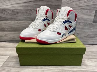 A1 Hawk - Gucci Basket High White/Red Leather Fashion Shoes – Size 9 – Mint Condition (A1D015303)