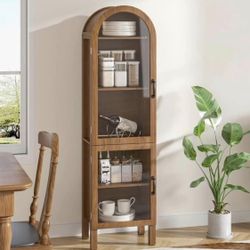 Narrow Arched Bookcase, 64'' Tall Arch Bookshelf with Acrylic Glass Doors, 5 Shelf Bookcase, Freestanding Storage Organizer Display Cabinet for Living