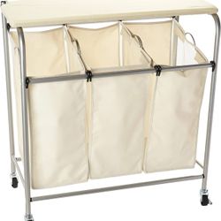 Honey-Can-Do Rolling Laundry Sorter with Ironing Board, Natural