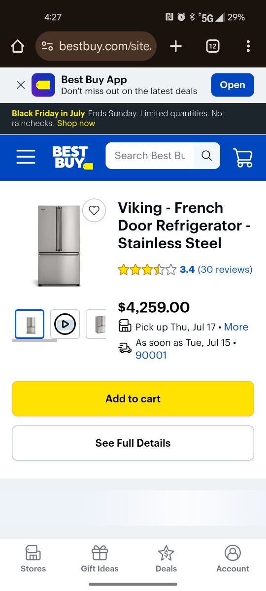 Viking French Door Refrigerator Stainless Steel