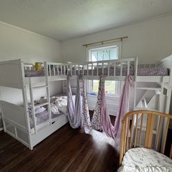 White Triple Twin Bunk Bed All Wood Sturdy