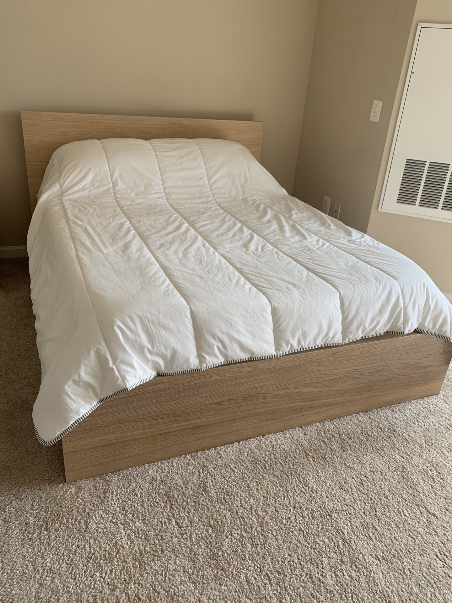 White oak -IKEA Queen size bed with night stand , mattress  & memory foam mattress pad in perfect condition like new