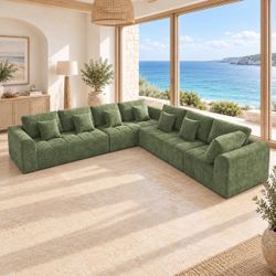 Green Chenille Oversized Boneless L-Shape Sectional Sofa.