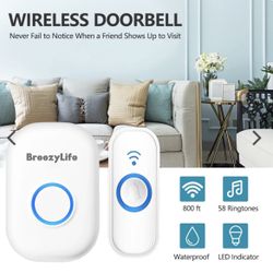 BreezyLife Wireless Doorbell Kit, Waterproof Doorbell Chime with 58 Melodies, 4 Volume Levels & LED Flash, 1 Receiver, 1 Push Button, White