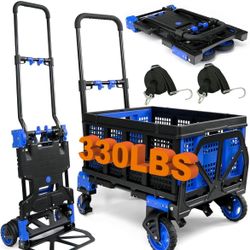 2-in-1 Folding Hand Truck with Folding Basket,Hand Truck with Retractable Handle, 330LBS Capacity Heavy Duty Hand Dolly, Dolly Cart with Wheels for Lu