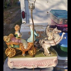 Mid Cen Vintage Capodimonte X-Large Italian Horse Carriage Porcelain Lamp Figurine Shade ( TLC )  