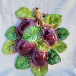 Vintage Italian-Majolica ceramic wall piece with Vibrant Purple Plums