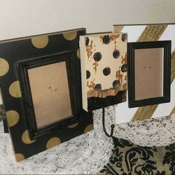 X3 NEW HOBBY LOBBY BLACK WHITE GOLD POLKA DOT STRIPE WOODEN PICTURE FRAME METAL WALL HOOK LOT