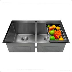 33in Double Bowl Drop-In Sink W/ Faucet.