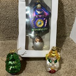 Christmas ornament lot of 3 Blown Glass Tree & Angel & Clock