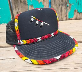 Vintage Native American Beaded Black Trucker Cap