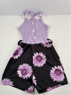 SHEIN Girls Size 90 Ribbed Knit Sleeveless Floral Romper Purple/Black Button