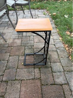 Small Tan & Black Wood and Metal Accent Table