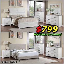 4pcs Queen Size Bedroom Set w. Mattress Included 