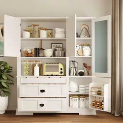 #260ABC White 78.3 in. H Storage Cabinet, Food Pantry with Cupboard, Drawers, Door Shelf and Adjustable Shelves