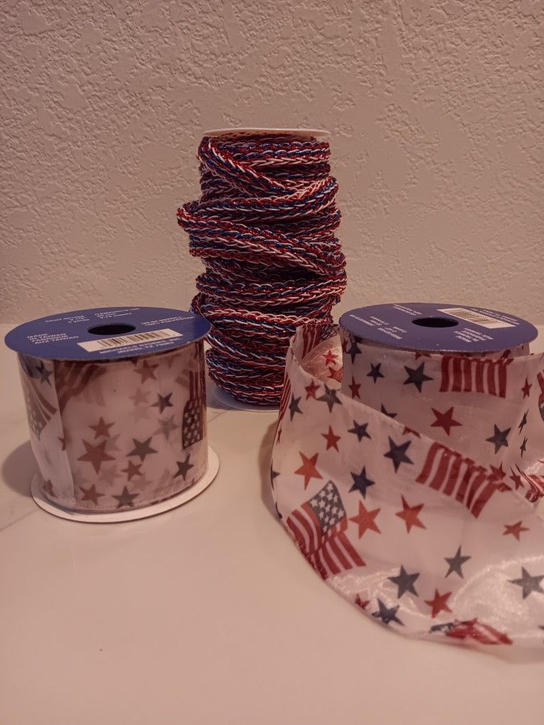 3 Spools Of Red, White, And Blue Ribbon