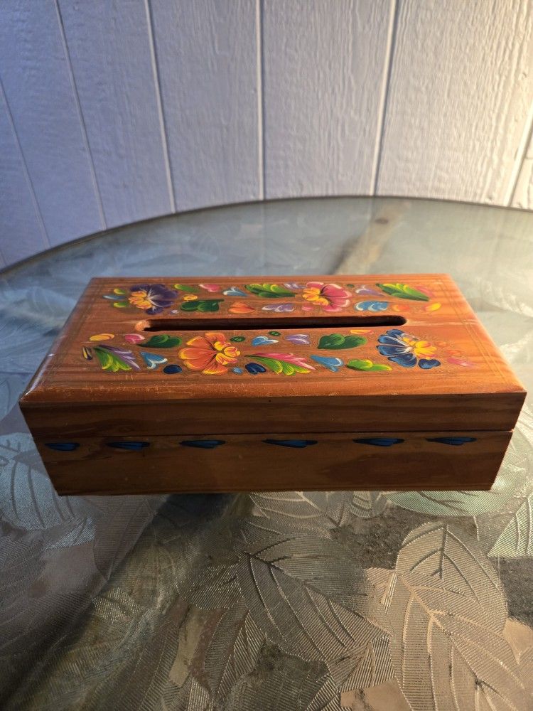 Vintage Handpainted Laquered Kleenex Wooden Box