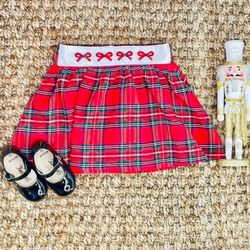 Christmas Plaid Girls Skirt with Embroidered Bows Size 5