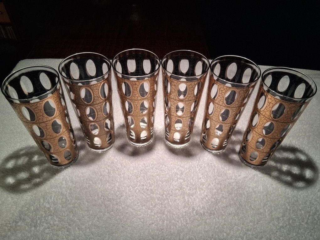 6 Vintage Mid Century Culver Gold Highball Cocktail Glasses