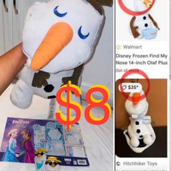 $8 Disney Bundle of Frozen Olaf 22” Plush,Olaf Towels Clips Set and Giant coloring Activity Book