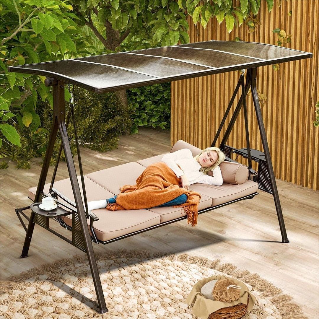 Porch Swing With Hardtop Sunshade, 3 Seat With 2 Side Cup Holder With Cushion, 2 Pillows For Front Outdoor Porch Lawn Khaki