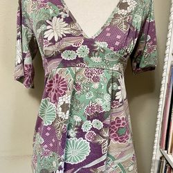 Y2K Eyeshadow Chic Multicolor Floral Tunic Top 1/2 Sleeve V-Neck Womens S