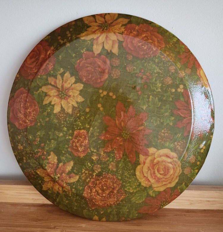 Handmade Poinsettia/Roses Glass Plate Accented W/Pine Cones & Holly 