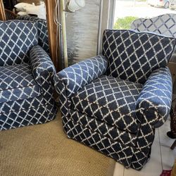 Two Blue And White Upholstered Swivel Rockers- High End