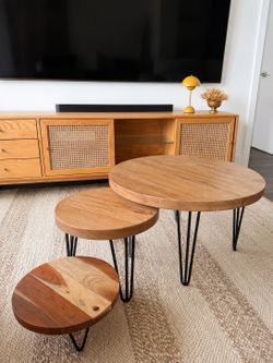 3-Piece Real Wood Nesting Coffee Table Set – Round Tables with Black Hairpin Legs