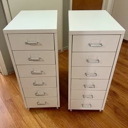  IKEA HELMER white drawer unit on casters, featuring six drawers with silver-colored handles