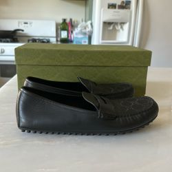 GUCCI Black Leather GG Signature Driving Moccasins Loafer