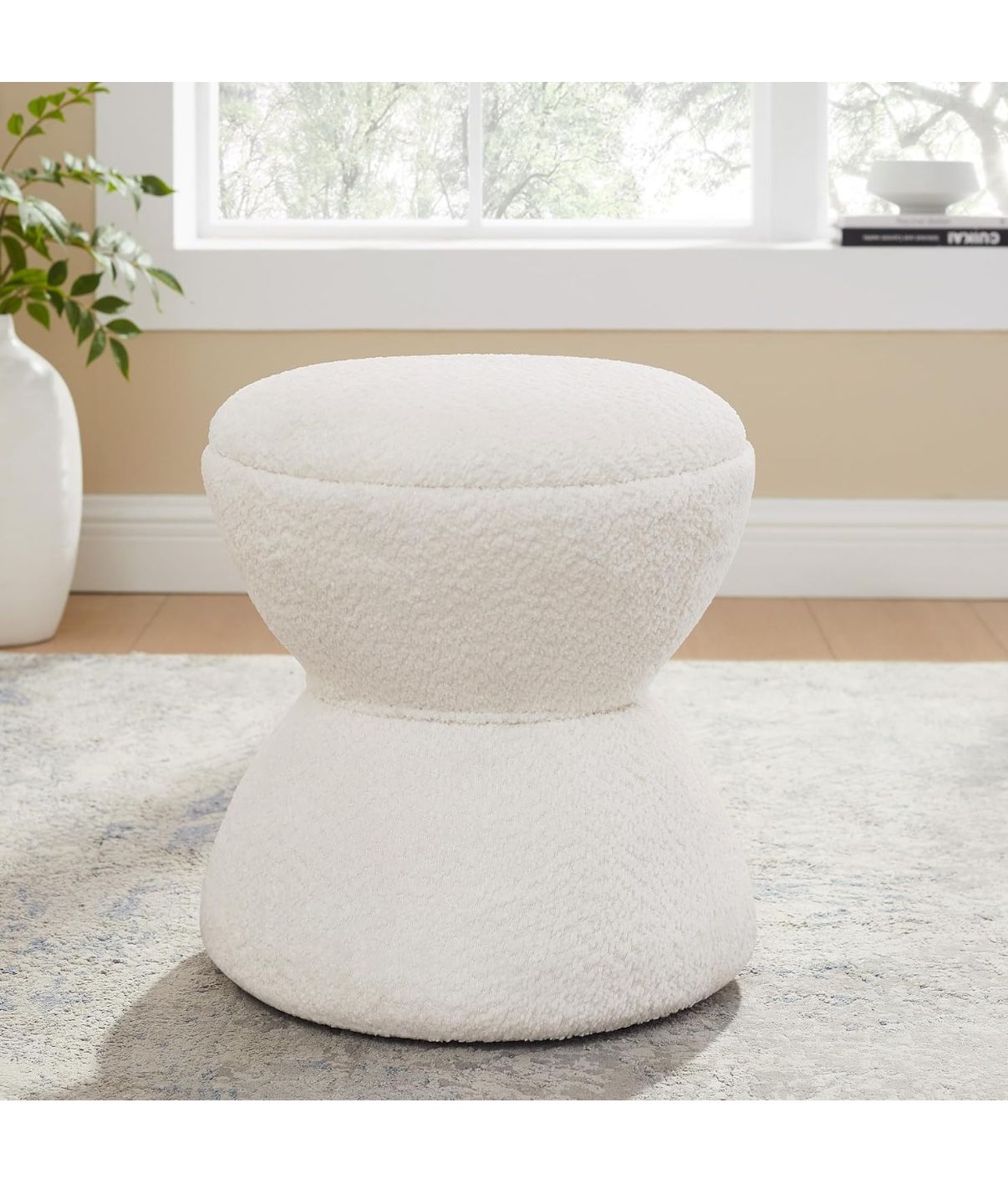 White Multi-Functional Boucle Ottoman, Vanity Stool Chair, Sturdy Rotating Wooden Footstool