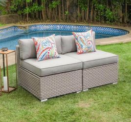 COSIEST 2-Piece Outdoor Furniture Armless Chairs with Warm Gray Thick Cushions, 2 Floral Fantasy Pillows