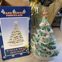 Vintage Hand Painted Porcelain Christmas Tree 6 1/2" Candle Holder- New