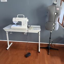 Complete Sewing Setup + Supplies – Singer Machine, Dress Form & Table