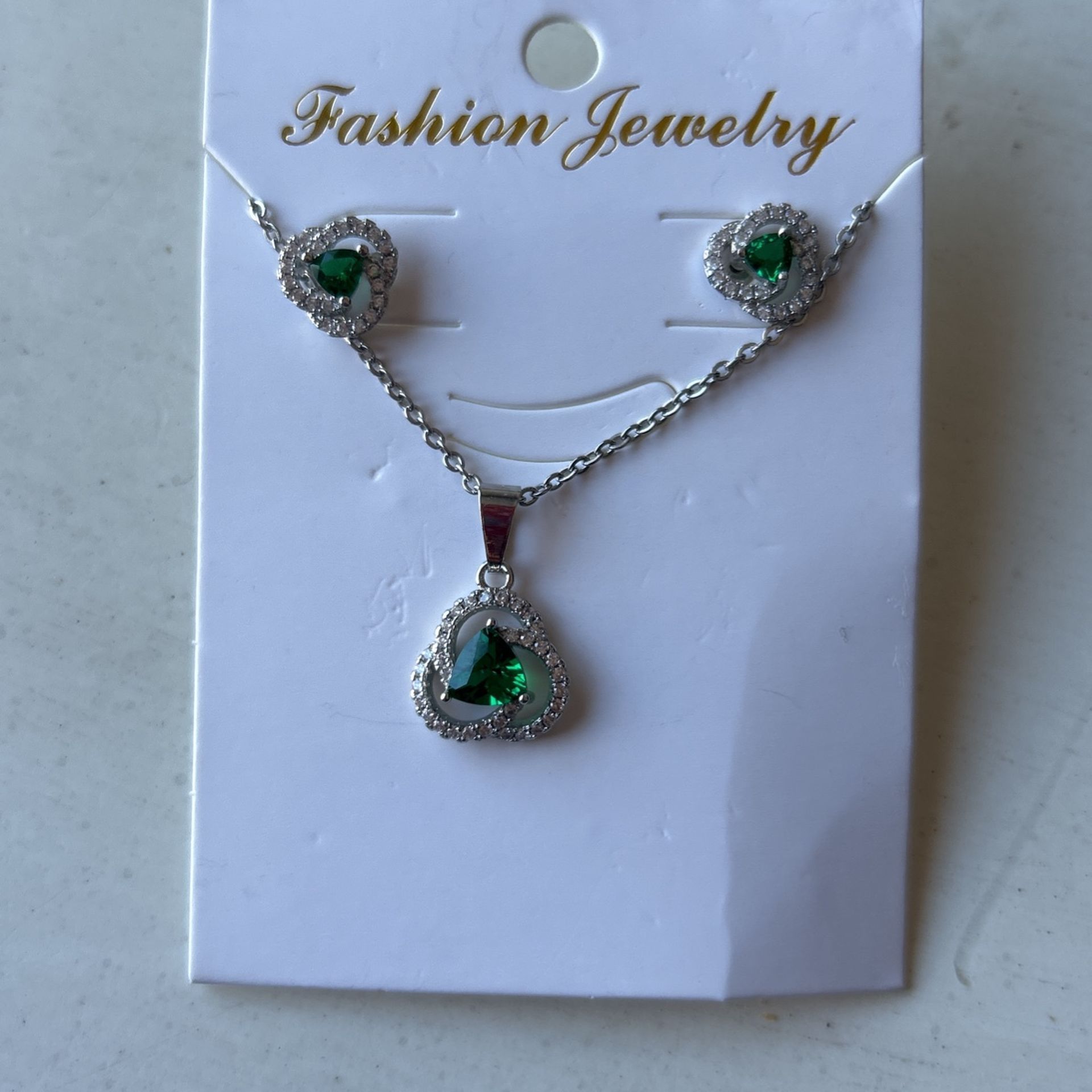 Silver Tone Emerald Necklace Earrings Set
