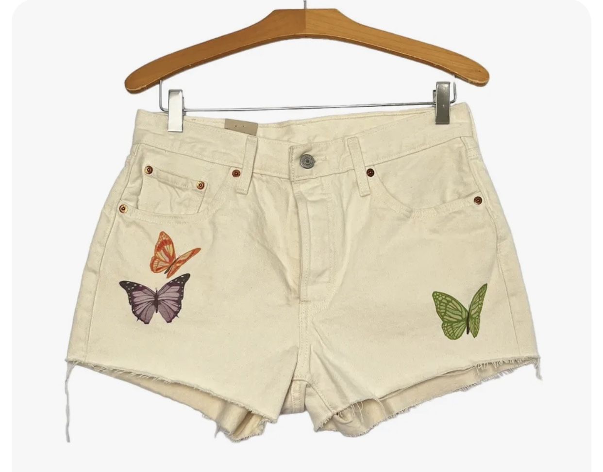 Levi's Women's 501 High Rise Denim Jean Cutoff Shorts Butterflies White Size-26
