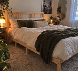 Full Size Natural Wood Bed Frame + Mattress