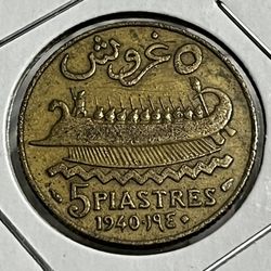 Lebanon 5 Piastres 1940 Km#5 لبنان 