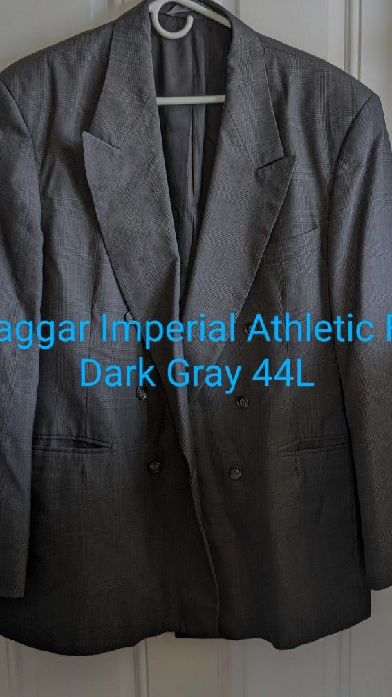 Mens Haggar Imperial Athletic Fit Suit Coat Jacket 44L, Double Breasted, Black Plaid, 1 Top, 2 Front, Pockets, Med Weight, 26" Sleeve. East or West