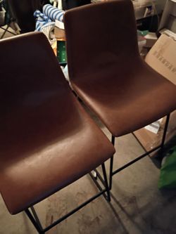Brown Leather Bar Stools with Black Metal Frame – Set of 2