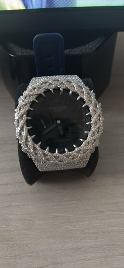 G shock Casio navy blue band with black dial and moissanite bezel