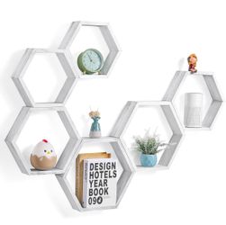 YBING Hexagon Floating Shelves Wall Mounted Set of 6 Honeycomb Shelves Wood Hexa