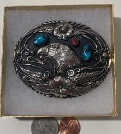 Vintage Metal Belt Buckle, Nice American Bald Eagle, Blue and Red Turquoise Stones, Handcrafted, Nice Design, 3 1/4" x 2 1/2", Heavy Duty, Quality, Th