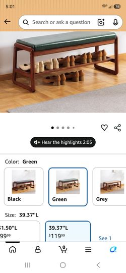 latifolia Solid Wood Bench, Entryway Shoe Bench with Cushion, 2 Tier Shoe Storage Organizer for Hallway, Living Room(Green,39.70''L)