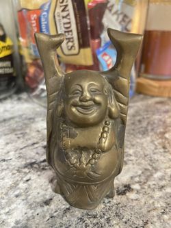 VINTAGE SOLID BRASS HAPPY BUDDHA 5” LUCKY HANDS
