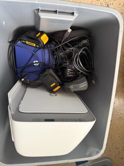 Huge lot electronics printer Plantronics headsets dewalt batteries and charger digital tuner