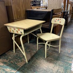Small Kids Metal School Desk and Chair in Light Yellow with Block Decals. 
