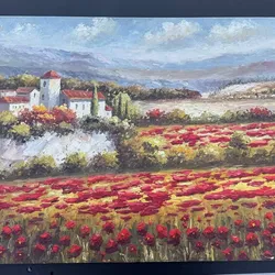 Large 36x24 Textured Oil Painting Poppy Field Landscape Signed Canvas Art